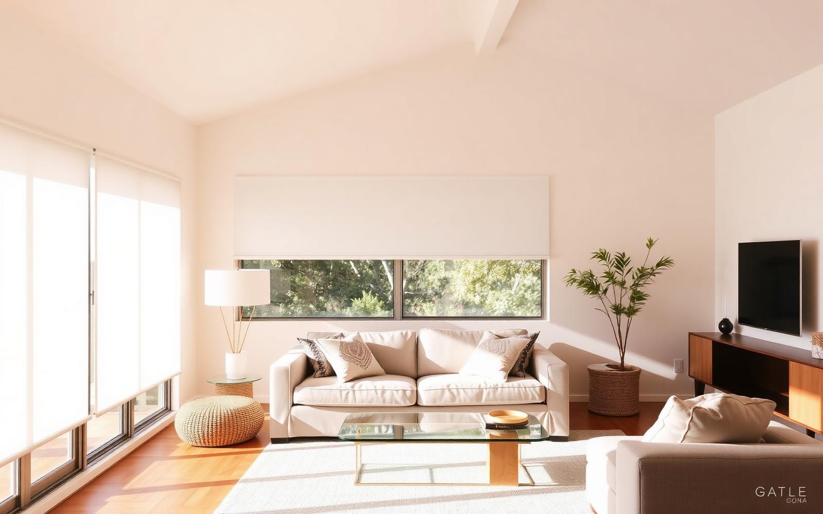 Sunlit Australian living room with white roller blinds